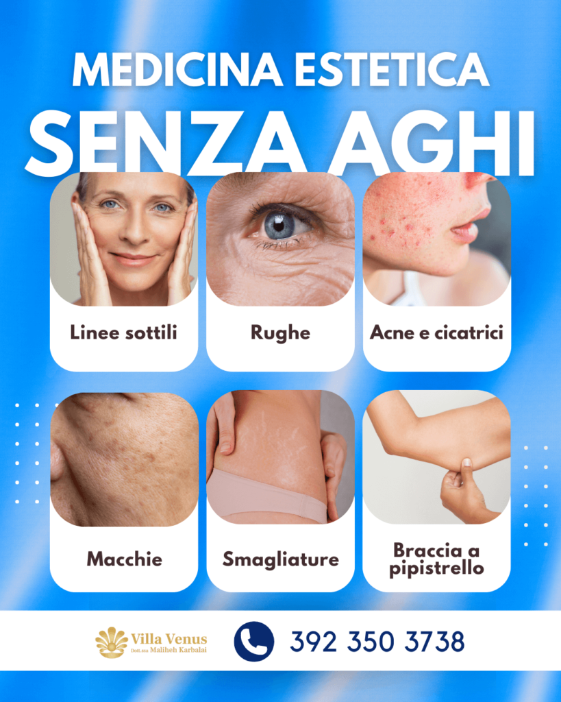 Trattamenti di medicina estetica senza aghi presso Villa Venus per linee sottili, rughe, acne, cicatrici, macchie, smagliature e braccia a pipistrello